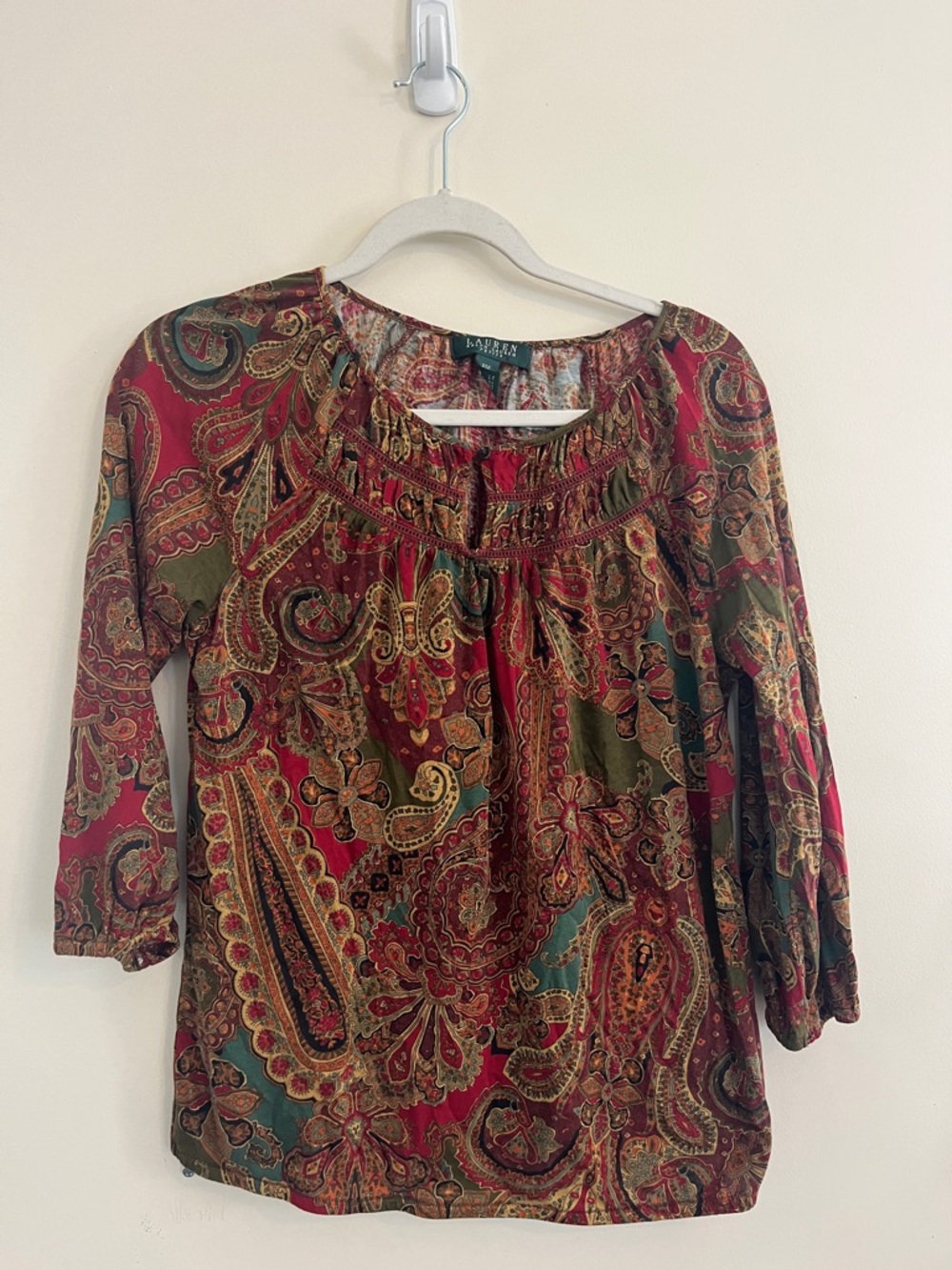 Lauren Ralph Lauren Paisley Top Boho Keyhole Earthy Red Funky Peasant Festival M